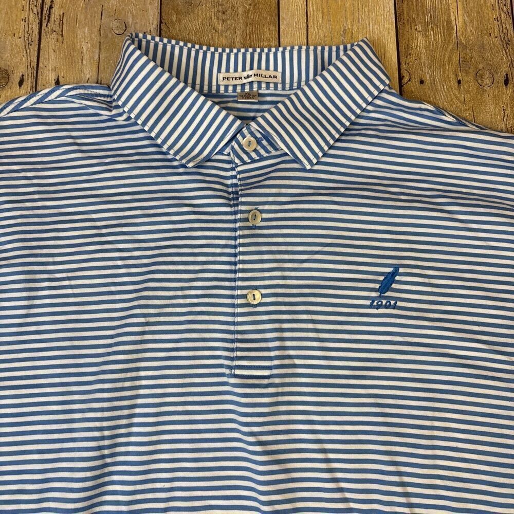 Peter Millar Cotton Polo Golf Shirt XL Siwanoy Country Club Blue Striped